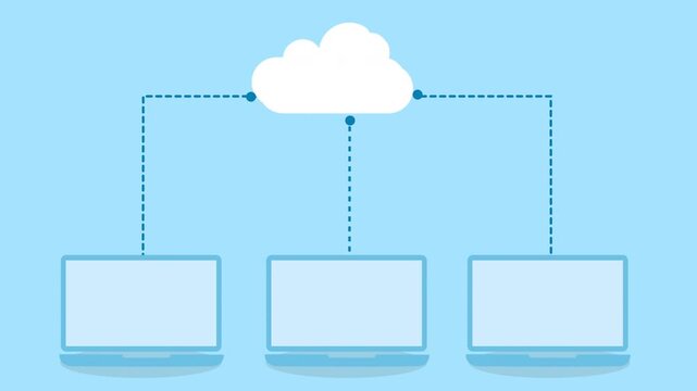 Flat vector illustration of a cloud connected to three laptops, representing cloud data network and multi device connectivity on a light blue background.
