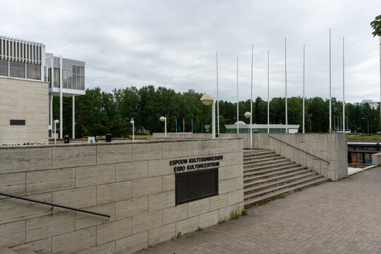 Espoo, Finland - July 28, 2022: Modernist Architecture of Espoo Cultural Centre in Tapiola Finland featuring Travertine Stone Facade and Public Plaza Designed by Arto Sipinen