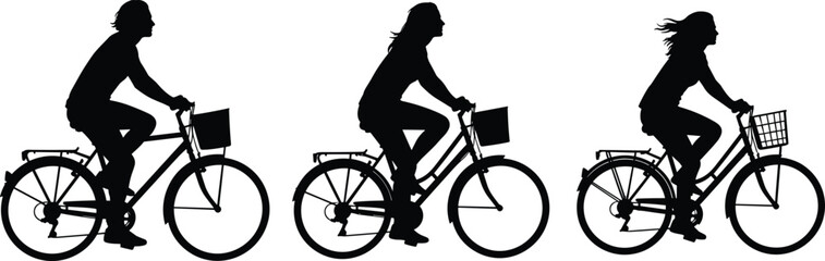 Three black silhouette figures riding bicycles with front baskets and rear racks