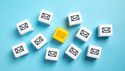 Yellow cube with envelope icon among white cubes on blue surface