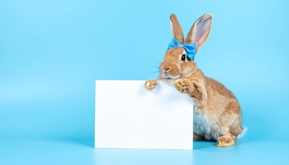 Obraz premium Brown rabbit with blue bow holding blank white sign on bright blue background