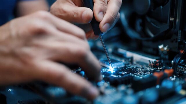Close shot of a young computer engineer diligently repairing an Ethernet connection in a computer at a tech workshop during the day