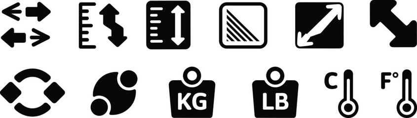 Resize and measurement icon set, scale arrows unit conversion symbols, interface tools vector illustration