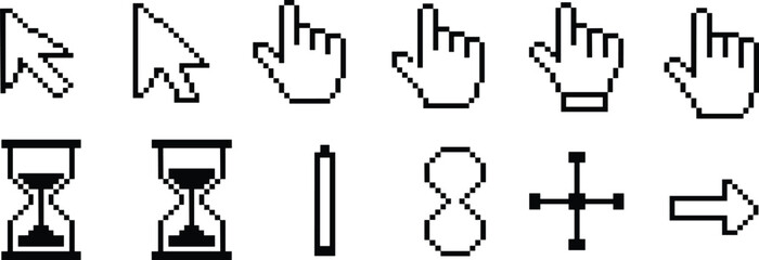 Pixel cursor icon set, retro mouse pointer symbols, classic computer interface bitmap vector illustration