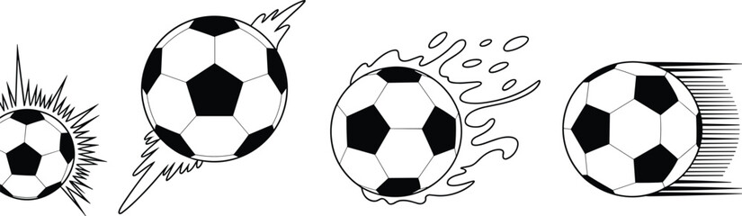 Soccer ball motion icons set, football speed effects, dynamic sports action vector illustration design collection