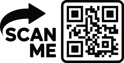 Scan me QR code label, mobile scanning symbol, digital payment and marketing vector illustration