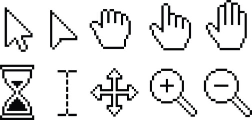 Pixel cursor icon set, retro mouse pointer and interface symbols, classic computer UI vector