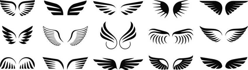 Angel wings silhouette collection, decorative flying wing designs, black tattoo emblem vector illustration