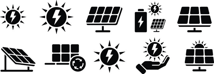 Solar energy icon set, renewable electricity symbols, photovoltaic panels, sun power, clean energy vector