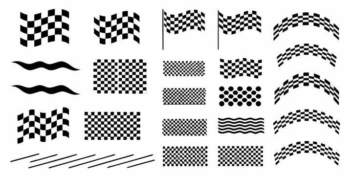Collection of black and white checkered flags and wavy lines