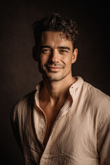 Obraz premium Smiling man in beige and cream romantic dating mood against dark blurred background