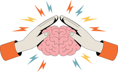 Mental health protection illustration, hands shielding human brain, stress anxiety control concept vector