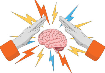 Mental health protection illustration, hands guarding human brain from stress energy, psychology concept vector