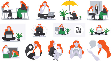 Modern woman lifestyle illustration set, therapy work from home self care communication vector collection