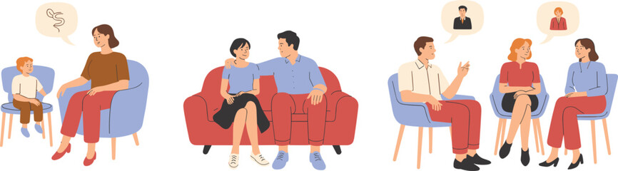 Family and group therapy illustration set, people conversation counseling support, modern flat vector design