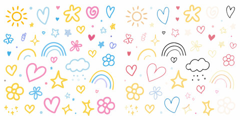 Obraz premium Colorful doodle pattern featuring hearts rainbows suns flowers and stars
