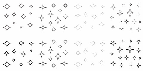 Black and white illustration of scattered sparkling star shapes