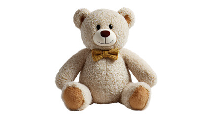 Obraz premium Cream colored plush teddy bear with a gold glitter bow tie