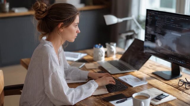 Focused female professional typing on keyboard in modern workspace with multiple screens and coffee during working hours