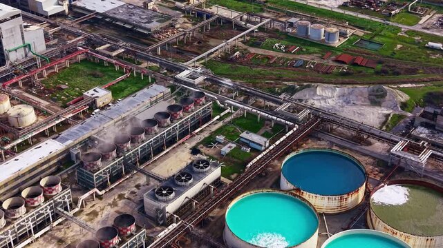 A large industrial area shows several tanks, large machinery, and extensive piping. The scene captures various processes taking place on a sunny day.