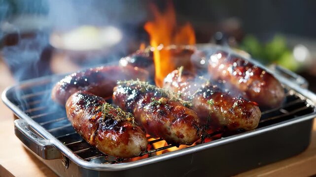 Sizzling sausages are cooking on a portable grill on a sunny afternoon, filling the air with a savory aroma and creating an inviting atmosphere for outdoor dining