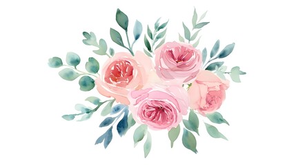 Fototapeta premium Elegant watercolor pink rose bouquet with sage green eucalyptus leaves. Soft floral arrangement isolated on white background, perfect for wedding invitations, greeting cards, and romantic decor.