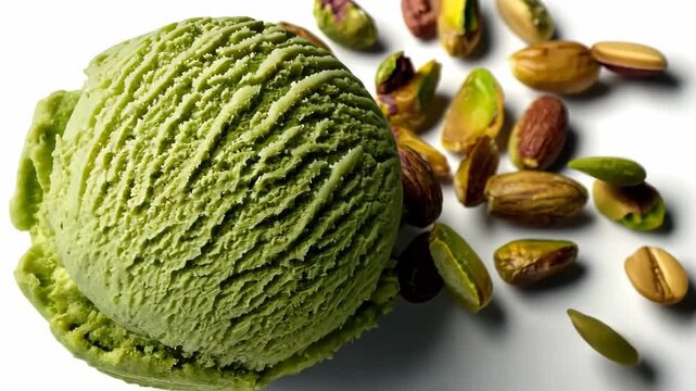 Pistachio ice cream served with whole pistachios on a clean surface during daylight hours