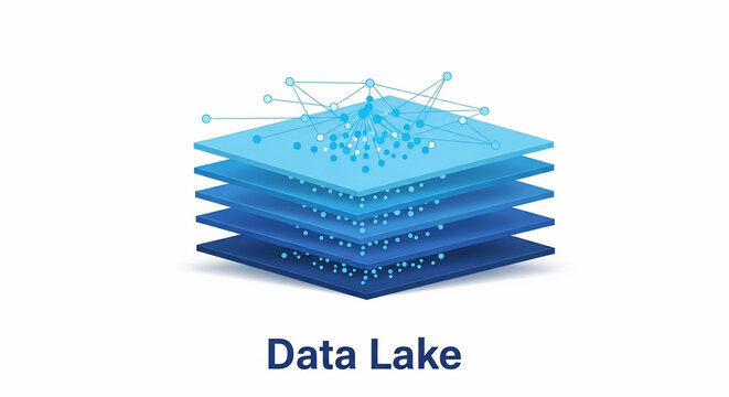 Data Lake Concept Illustration with 3D Layered Blue Platforms and Connected Information Nodes