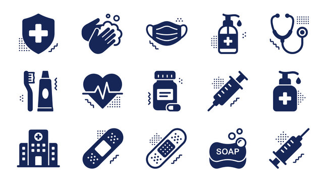 Comprehensive collection of healthcare and sanitation icons including hand washing face mask medical equipment first aid supplies and hospital building for hygiene