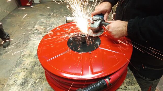Industrial worker grinding metal with angle grinder creating bright sparks in workshop