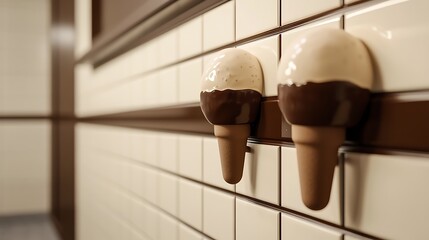A smooth ice cream cabinet design with rich chocolate and vanilla door patterns and round ice cream scoop knobs 