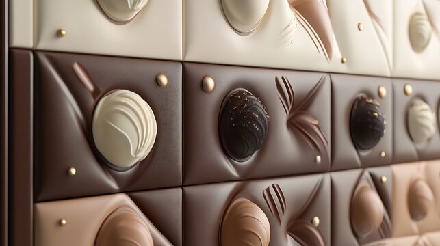 A smooth ice cream cabinet design with rich chocolate and vanilla door patterns and round ice cream scoop knobs 