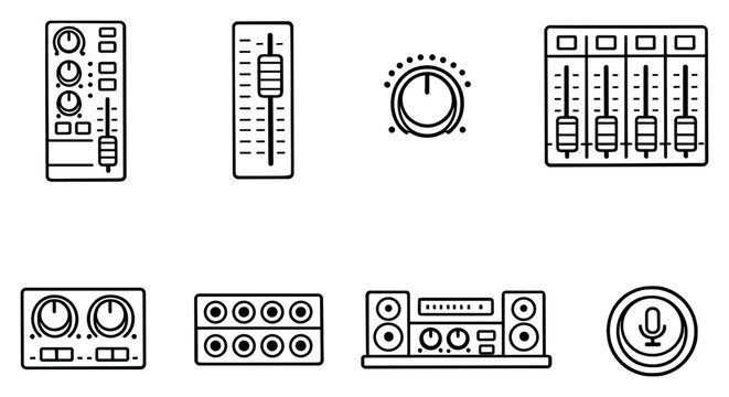Mixing Console Sections in outline style: input channel strip, master fader, auxiliary send knob, subgroup bus, effects return, patch bay port, control room. Vector icons