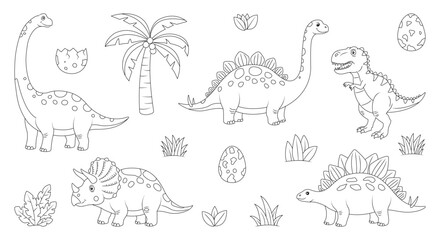 Black and white cartoon dinosaur outline scene with plants and eggs. Perfect for kids coloring pages, education, and preschool activities. © MNAStudio