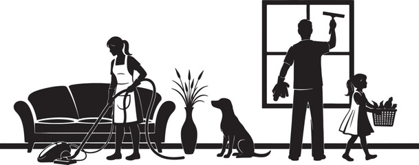 Silhouette of a family cleaning their home, including a woman vacuuming, a man cleaning a window, a child with laundry, and a dog also transparent background