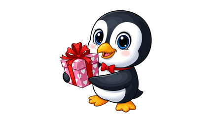 Cartoon Penguin Holding Gift Box with Ribbon. © Fauzi