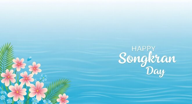Water scene with 'Songkran Day' text and flowers against a blue gradient background