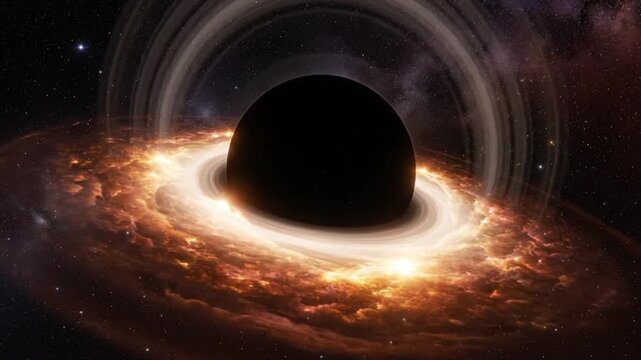 A black hole surrounded by a swirling accretion disk of hot gas and plasma, viewed from a close proximity in space