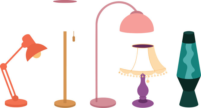 Retro & Decorative Lamp Illustration Collection Lava Lamp, Vintage Floor Lamp, and More