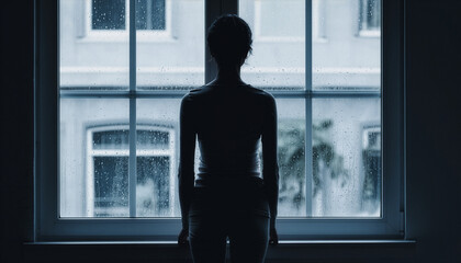 Fototapeta premium Seasonal affective disorder and melancholy, woman looking through rainy window in despair