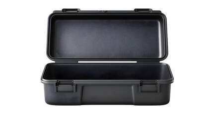 Black plastic case with open lid on transparent background