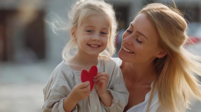Charming girl shares love with her mother while celebrating Mother's Day with a handmade heart in a sunny outdoor setting filled with joy and affection