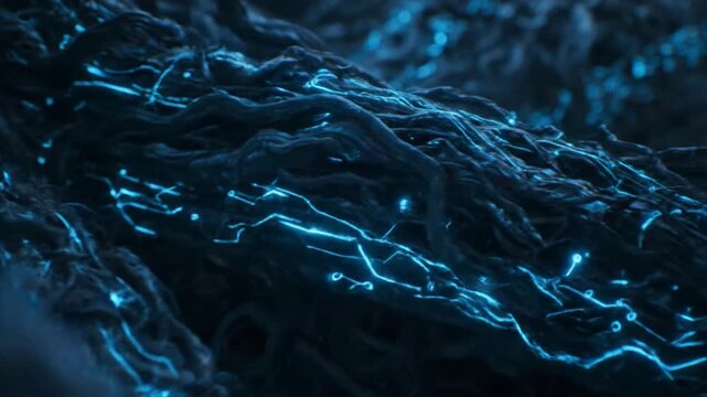 A futuristic digital landscape with abstract blue neon lines and circuits, depicting a high-tech environment from a close-up viewpoint, File reference 0224 (1).mp4