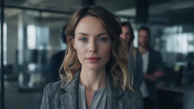 Team of determined professionals standing confidently together in a modern office ready to push towards success with tenacity and focus on their goals