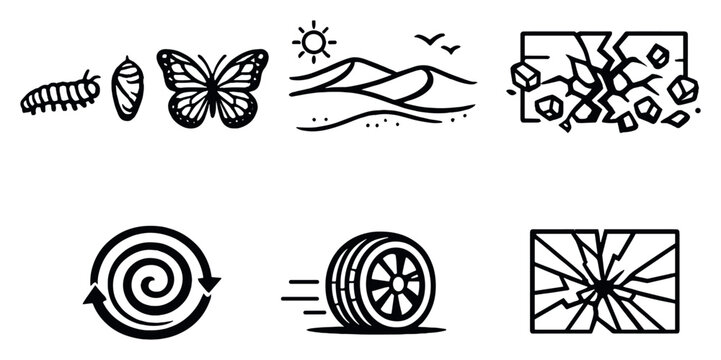 Change and Consequences in outline style: Metamorphosis Butterfly, Shifting Sands, Breaking Wall, Spiral Cycle, Rolling Wheel, Shattered Glass. Vector icons