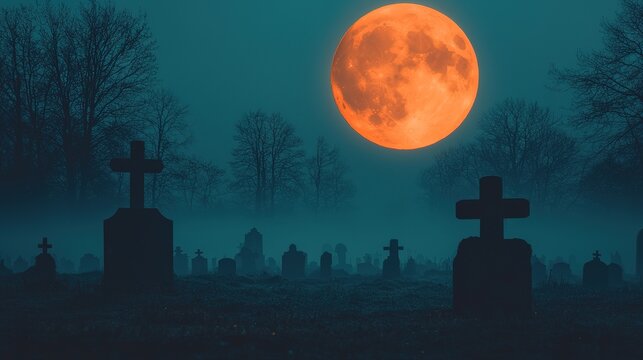 A haunting graveyard scene illuminated by a large orange moon, featuring silhouettes of trees and tombstones in a misty atmosphere.