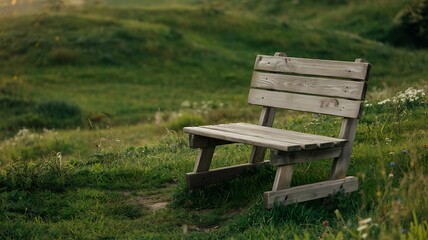 Rustic Wooden Bench in a Serene Green Field at Golden Hour