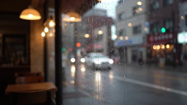 A rainy city street scene viewed from a cafe interior with a car driving by on a wet road.