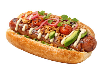 Gourmet hot dog with grilled sausage, avocado, pickled onions, fried garlic, cherry tomatoes, herbs, and sauce isolated on transparent background