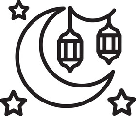 Obraz premium Detailed crescent moon icon with hanging arabic lanterns and five pointed stars in outline